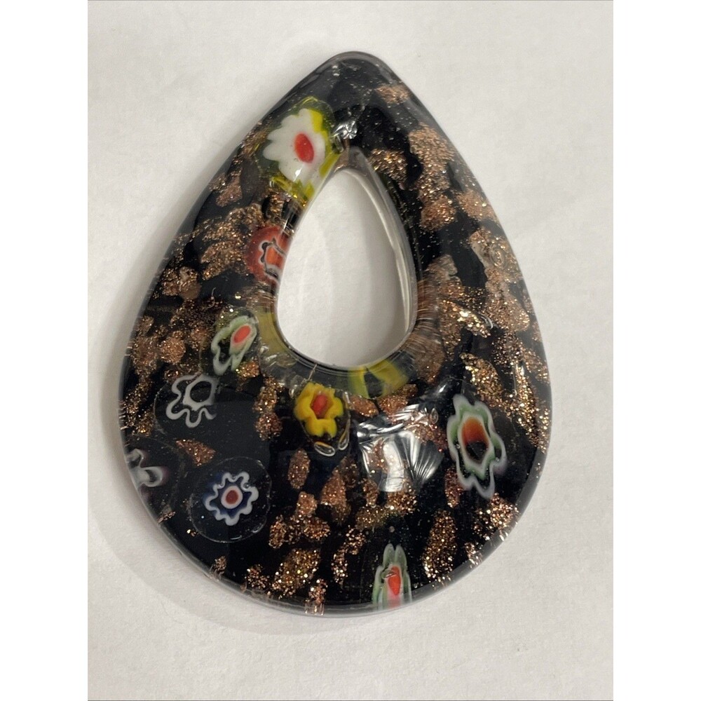 Black with Gold 48x36mm Open Teardrop Donut Millefiori Glass Pendant